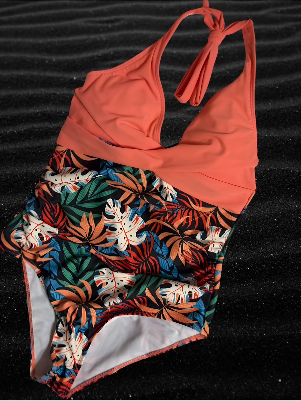 Tropical Halter One Piece Swimsuit Ruched Tummy Control Small